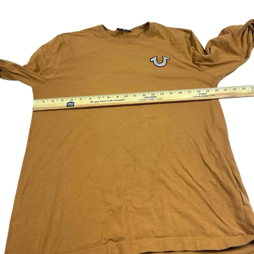True Religion T Shirt Mens LARGE Orange Long Sleeve Crew Neck Graphic Print Logo